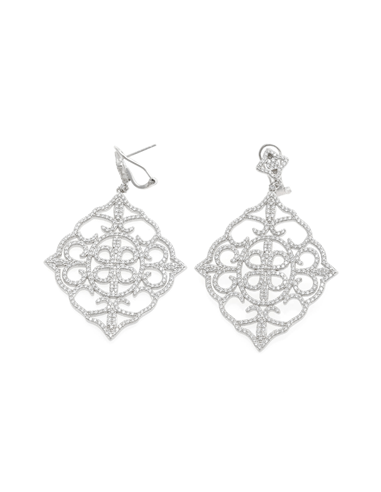 Pendientes de plata rodiada con circonitas y diseño arabesco, elegantes y sofisticados.