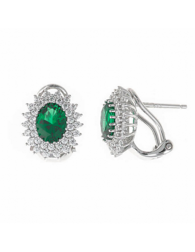 Pendientes de plata rodiada con roseta oval y circonita color esmeralda de Joyería Canal.