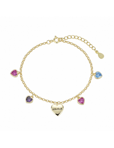Pulsera de plata chapada con corazones de color y placa con texto “abuela” de Joyería Canal.