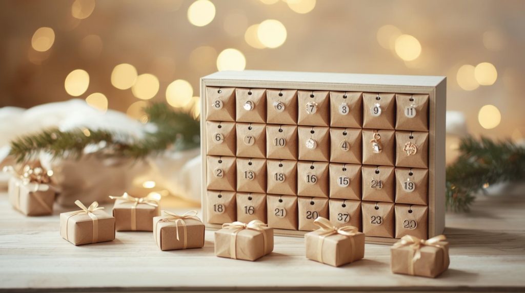 Calendario de adviento artesanal con 24 pequeñas cajitas numeradas, dispuestas sobre una mesa de madera clara. En cada cajita hay una joya pequeña (aros, anillos, colgantes, charms) envuelta con papel kraft, l (1)